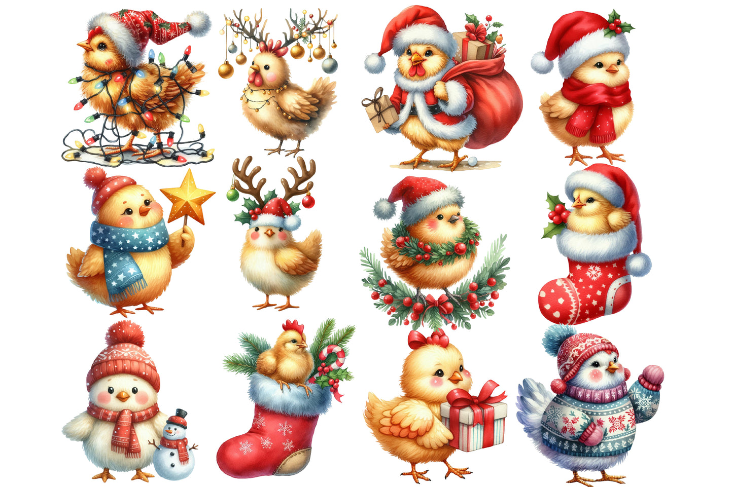 Christmas Chickens Clipart PNG Bundle | Watercolor Cute Christmas Chicken Clipart | Festive Farmhouse Holiday PNG