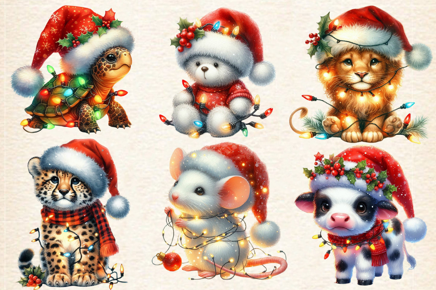 Christmas Animals PNG Clipart Bundle | Watercolor Cute Holiday Animals, Santa Hats, Christmas Lights & Festive Designs