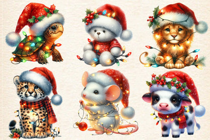 Christmas Animals PNG Clipart Bundle | Watercolor Cute Holiday Animals, Santa Hats, Christmas Lights & Festive Designs