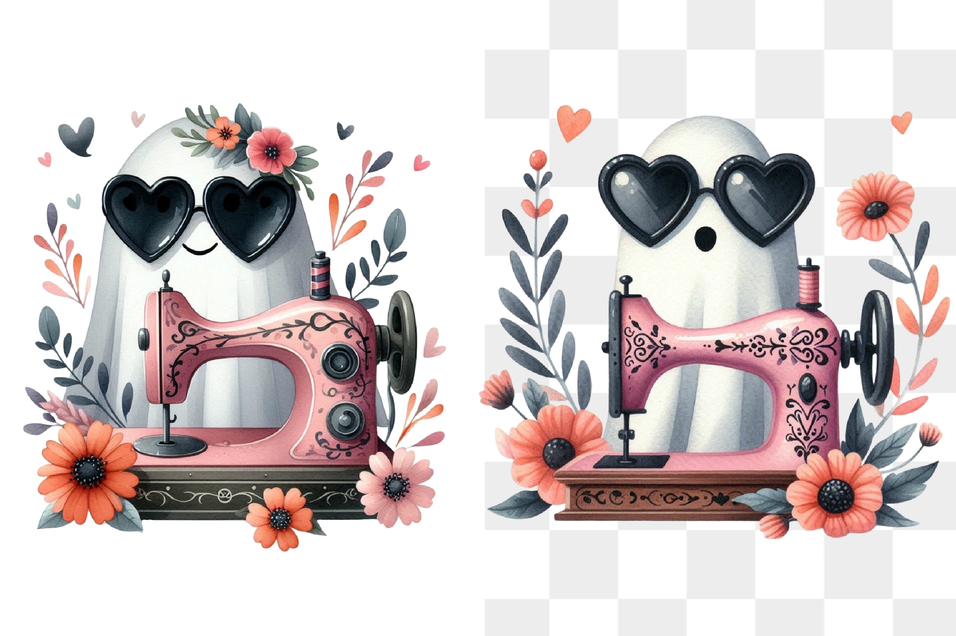 Cute Sewing Ghost PNG Pink Sewing Machine Floral Seamstress Sublimation