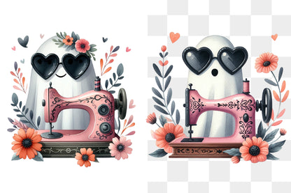 Cute Sewing Ghost PNG Pink Sewing Machine Floral Seamstress Sublimation