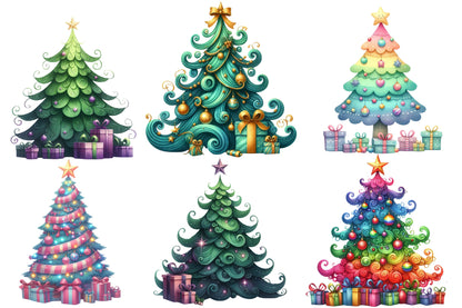 Christmas Tree Clipart PNG Bundle | Watercolor Cute Christmas Tree Clipart | Festive Holiday Tree Sublimation PNG