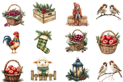 Cozy Farm Christmas Clipart PNG Bundle | Christmas Farmhouse, Snowy Barn, Christmas Tree, Cows, Sheep, Birds & Winter Farm
