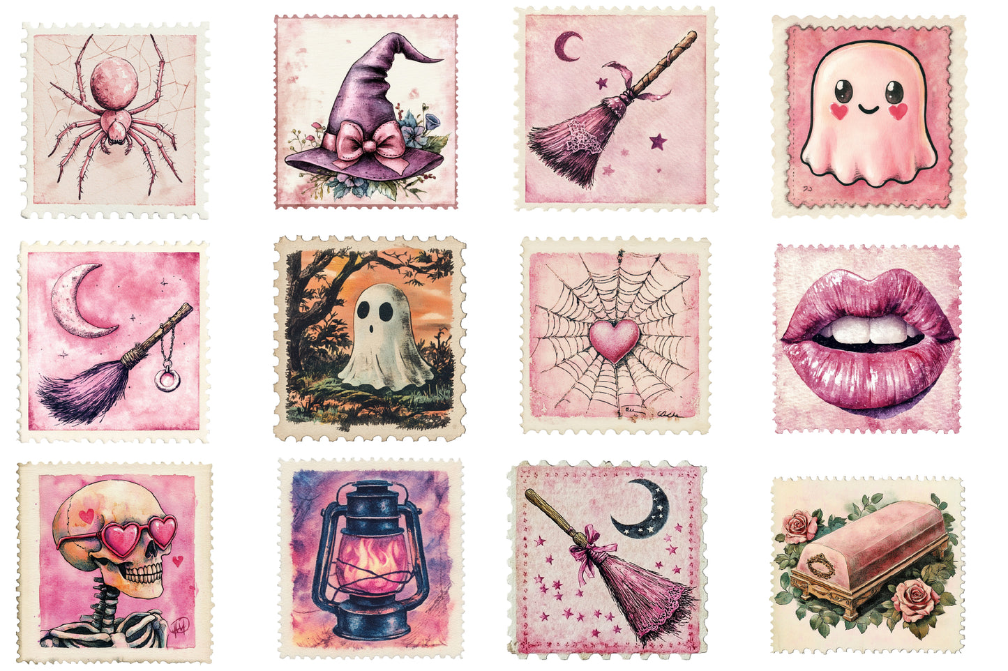 Halloween Postage Stamp PNG Bundle | Pink Gothic Halloween Clipart,
