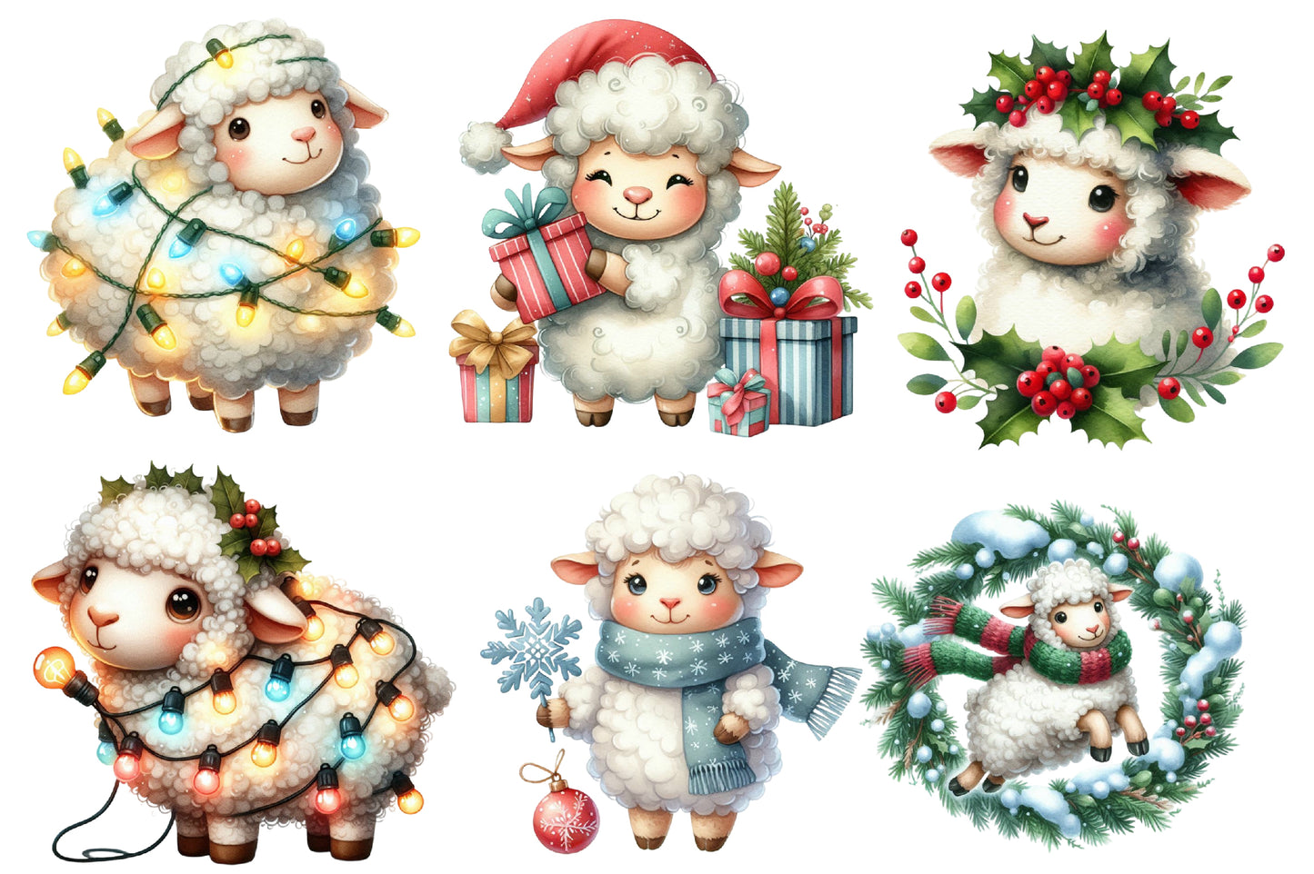 Christmas Sheep Clipart PNG Bundle | Watercolor Cute Christmas Sheep Clipart | Festive Winter Farm Animal Sublimation PNG