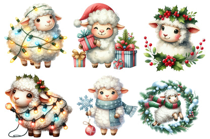 Christmas Sheep Clipart PNG Bundle | Watercolor Cute Christmas Sheep Clipart | Festive Winter Farm Animal Sublimation PNG