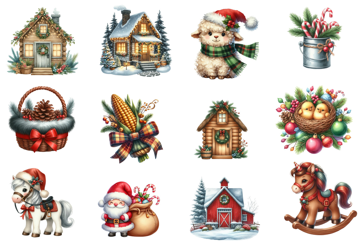 Christmas Farm Sublimation Clipart PNG Bundle | Watercolor Rustic Farm Christmas Clipart | Holiday Farmhouse PNG