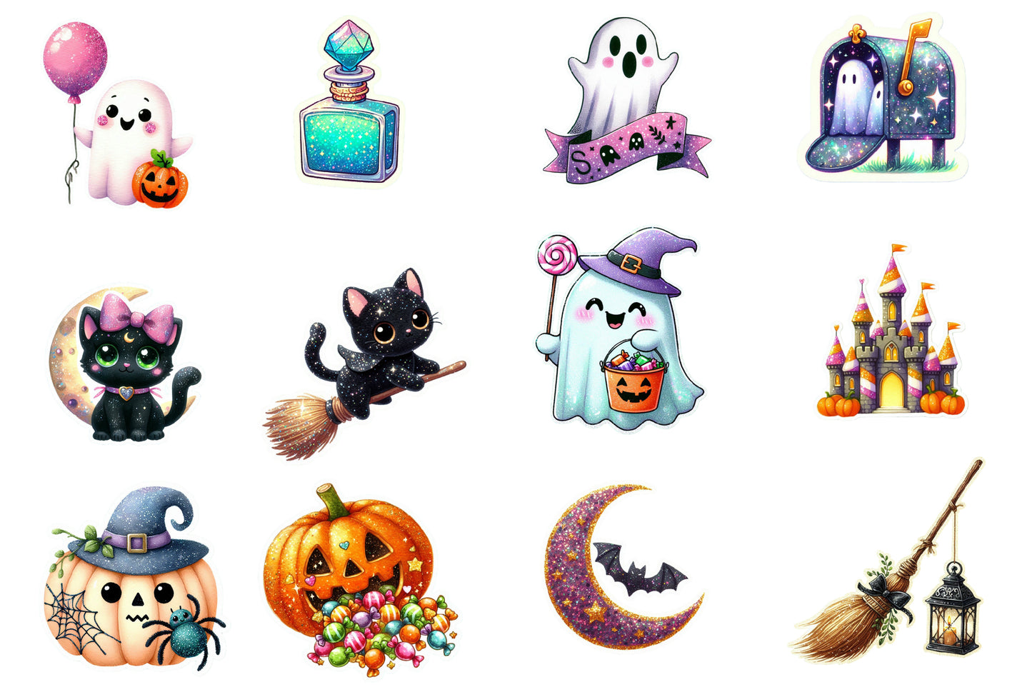 Halloween Sticker Clipart PNG Bundle | 45 Cute Glitter Halloween Stickers, Ghost Witch Cat Pumpkin Bat,