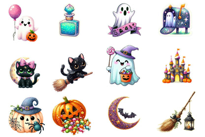 Halloween Sticker Clipart PNG Bundle | 45 Cute Glitter Halloween Stickers, Ghost Witch Cat Pumpkin Bat,