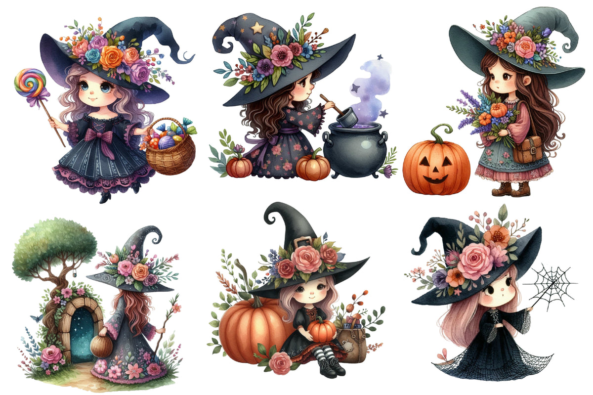 Halloween Witch PNG Bundle | Cute Witch Clipart, Floral Witch, Pumpkin & Black Cat