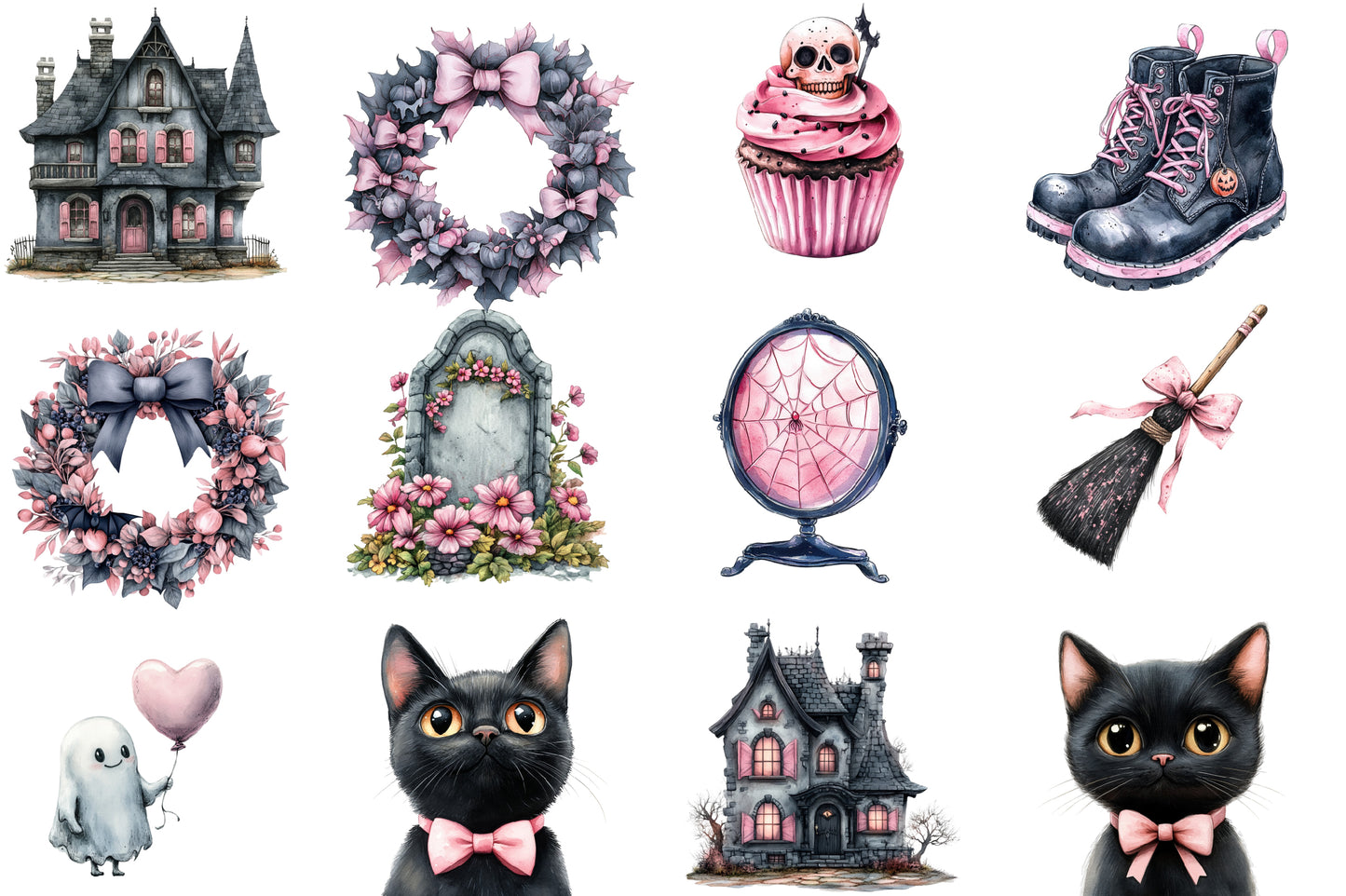 Cute Halloween Clipart PNG Bundle | Pink Halloween PNG, Cute Ghost Cat Owl Clipart