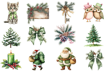 Green Christmas Watercolor Clipart PNG Bundle | Green Christmas Winter Clipart | Holiday Sublimation PNG