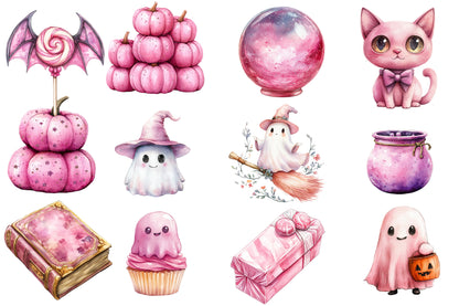 Pink Halloween PNG Bundle | Cute Ghost, Witch, Bat, Pumpkin, Cat & Skull Clipart,