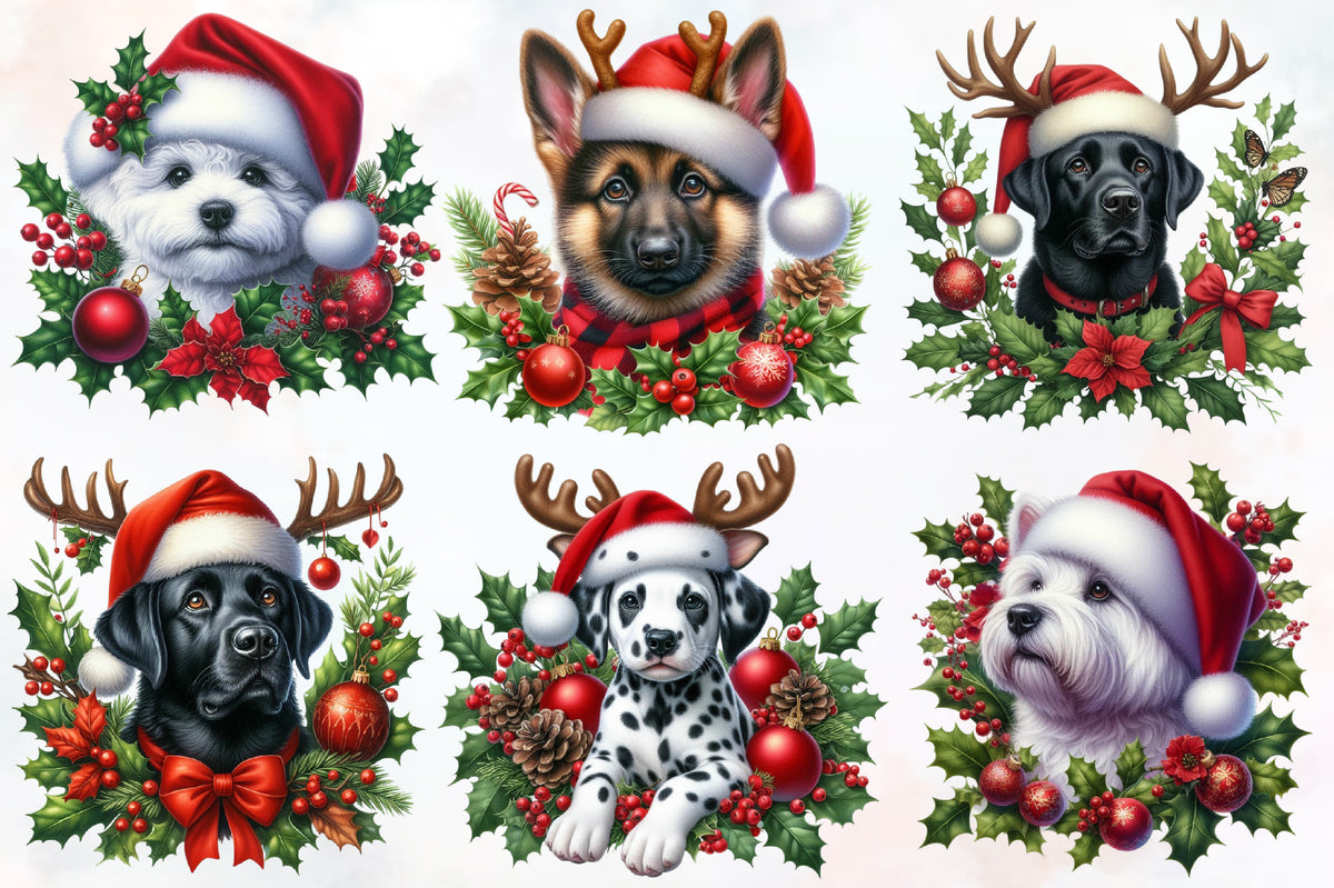 18 Christmas Dog Peeking PNG Clipart Bundle Watercolor Cute Holiday Puppy