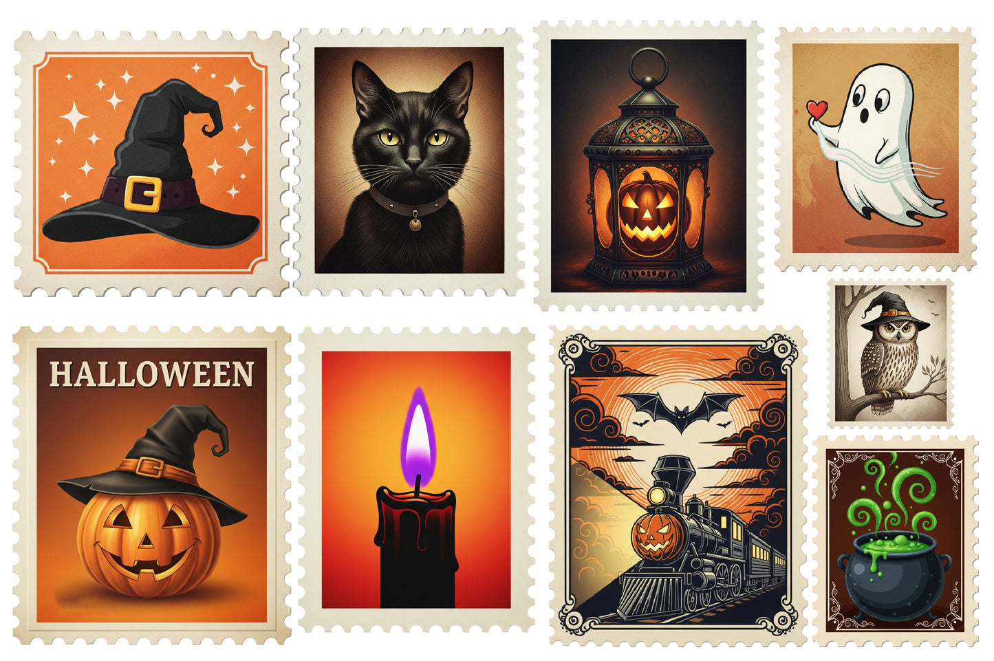 Halloween Postage Stamp Clipart PNG | Vintage Halloween Stamp Collection, Spooky Postage Ephemera,
