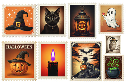 Halloween Postage Stamp Clipart PNG | Vintage Halloween Stamp Collection, Spooky Postage Ephemera,