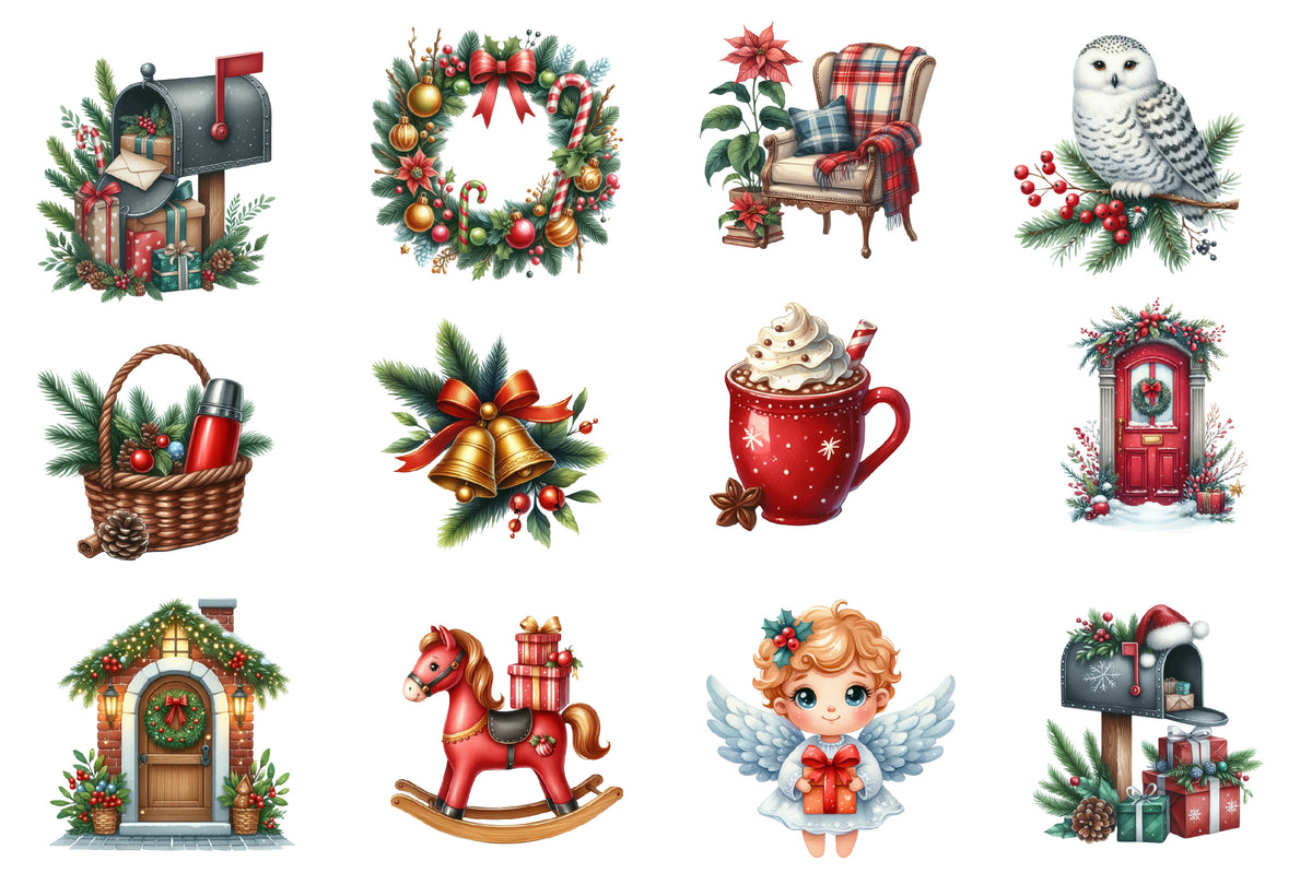 Christmas Red and Green Clipart PNG Bundle | Watercolor Red Green Christmas Clipart | Festive Holiday Sublimation PNG
