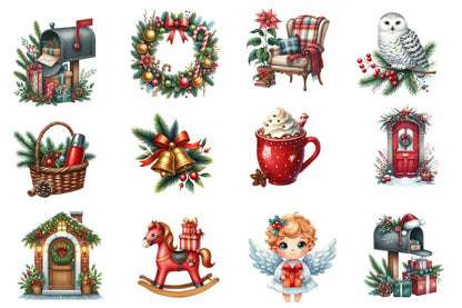 Christmas Red and Green Clipart PNG Bundle | Watercolor Red Green Christmas Clipart | Festive Holiday Sublimation PNG