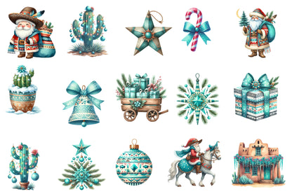 Western Christmas Clipart PNG Bundle | Western Cowboy Christmas Watercolor Clipart | Turquoise Christmas PNG