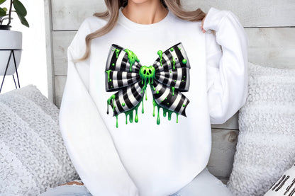 Halloween Slime Bow PNG Striped Gothic Coquette Skull Bow