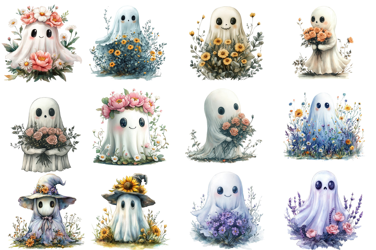 Halloween Floral Ghost Clipart PNG | Cute Ghosts with Flowers, Kawaii Halloween Ghost PNG