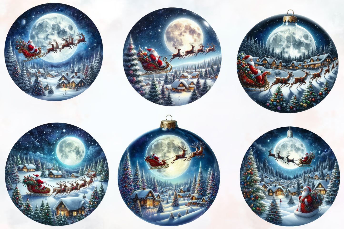Watercolor Christmas Night Ornament Clipart PNG Bundle | Santa Sleigh & Winter Village