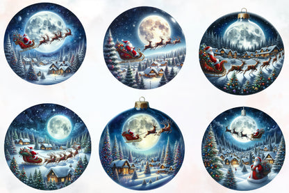 Watercolor Christmas Night Ornament Clipart PNG Bundle | Santa Sleigh & Winter Village