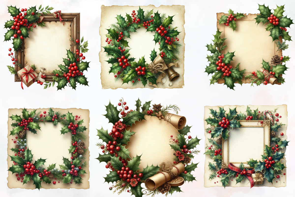 24 Christmas Holly Frame PNG Aged Paper Watercolor Clipart Bundle