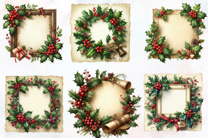 24 Christmas Holly Frame PNG Aged Paper Watercolor Clipart Bundle