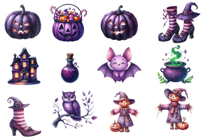 Halloween Clipart PNG Bundle | Purple Witch, Owl, Cat, Ghost, Bat, Pumpkin & Haunted House PNG