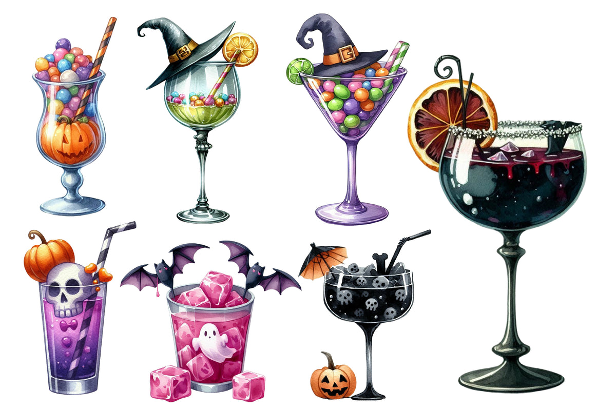 Watercolor Halloween Cocktail Clipart PNG Bundle | Spooky Drinks, Martini, Potion & Pumpkin Cocktails PNG
