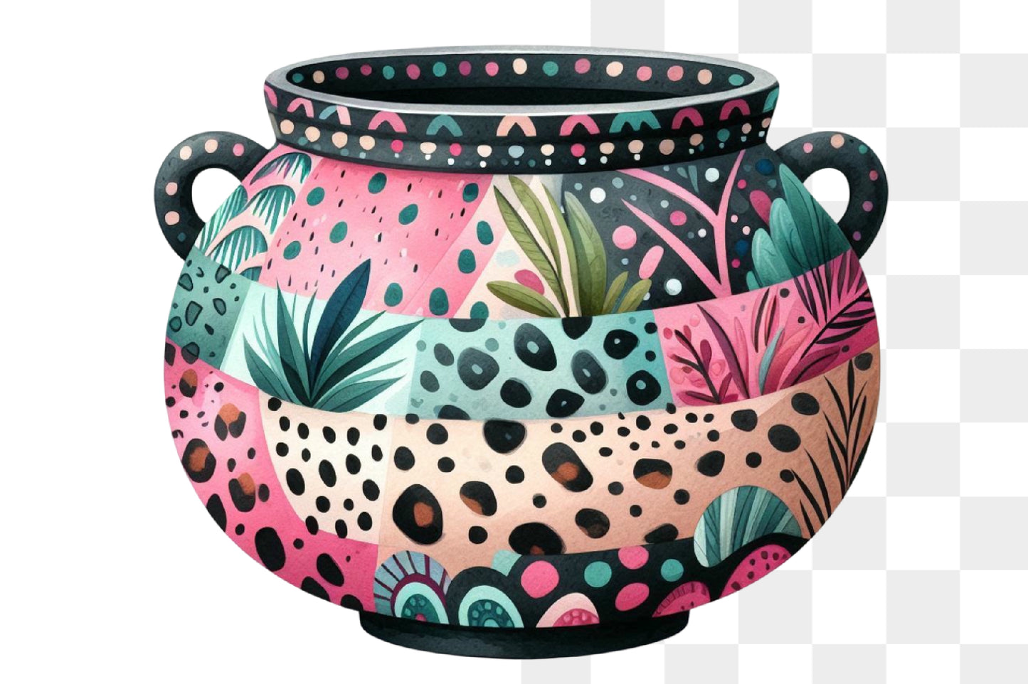 Colorful Boho Patterned Ceramic Vase PNG Botanical Leopard Sublimation