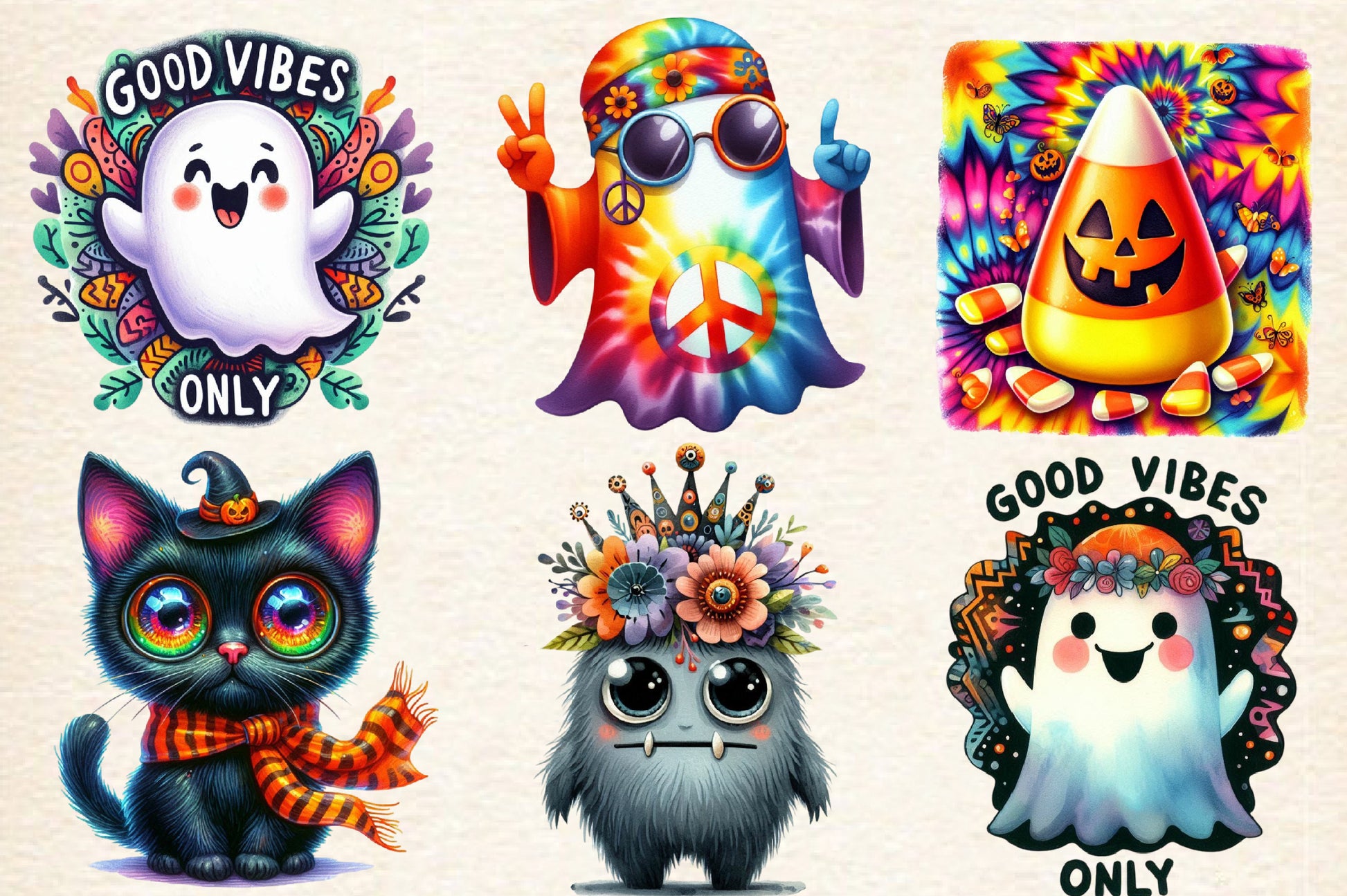 19 Halloween Groovy Clipart PNG Tie Dye Ghost Pumpkin Cat Peace Hippie Halloween