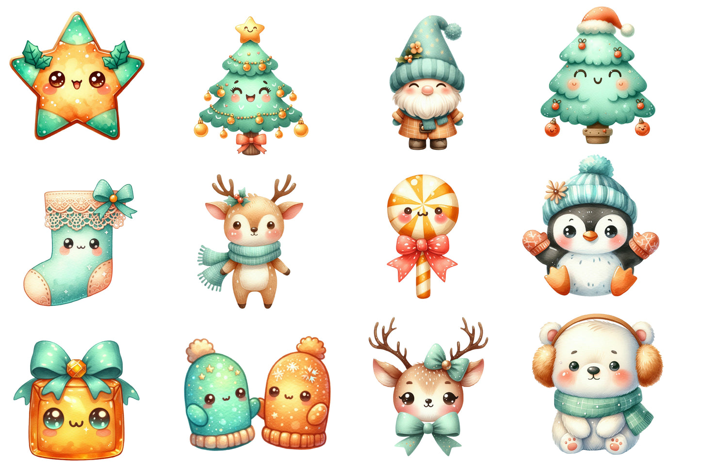 Kawaii Christmas Watercolor Clipart PNG Bundle | Cute Kawaii Holiday Clipart | Cute Christmas Sublimation PNG