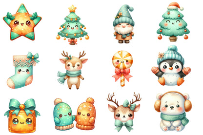 Kawaii Christmas Watercolor Clipart PNG Bundle | Cute Kawaii Holiday Clipart | Cute Christmas Sublimation PNG