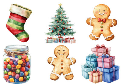 Christmas Clipart Watercolor PNG Bundle | Cute Christmas Clipart | Winter Holiday Sublimation