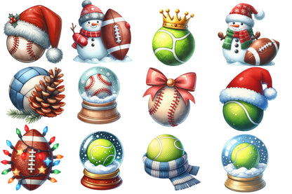 Christmas Sport Balls Sublimation PNG Bundle | Watercolor Christmas Sports Balls Clipart | Festive Athletic Holiday PNG