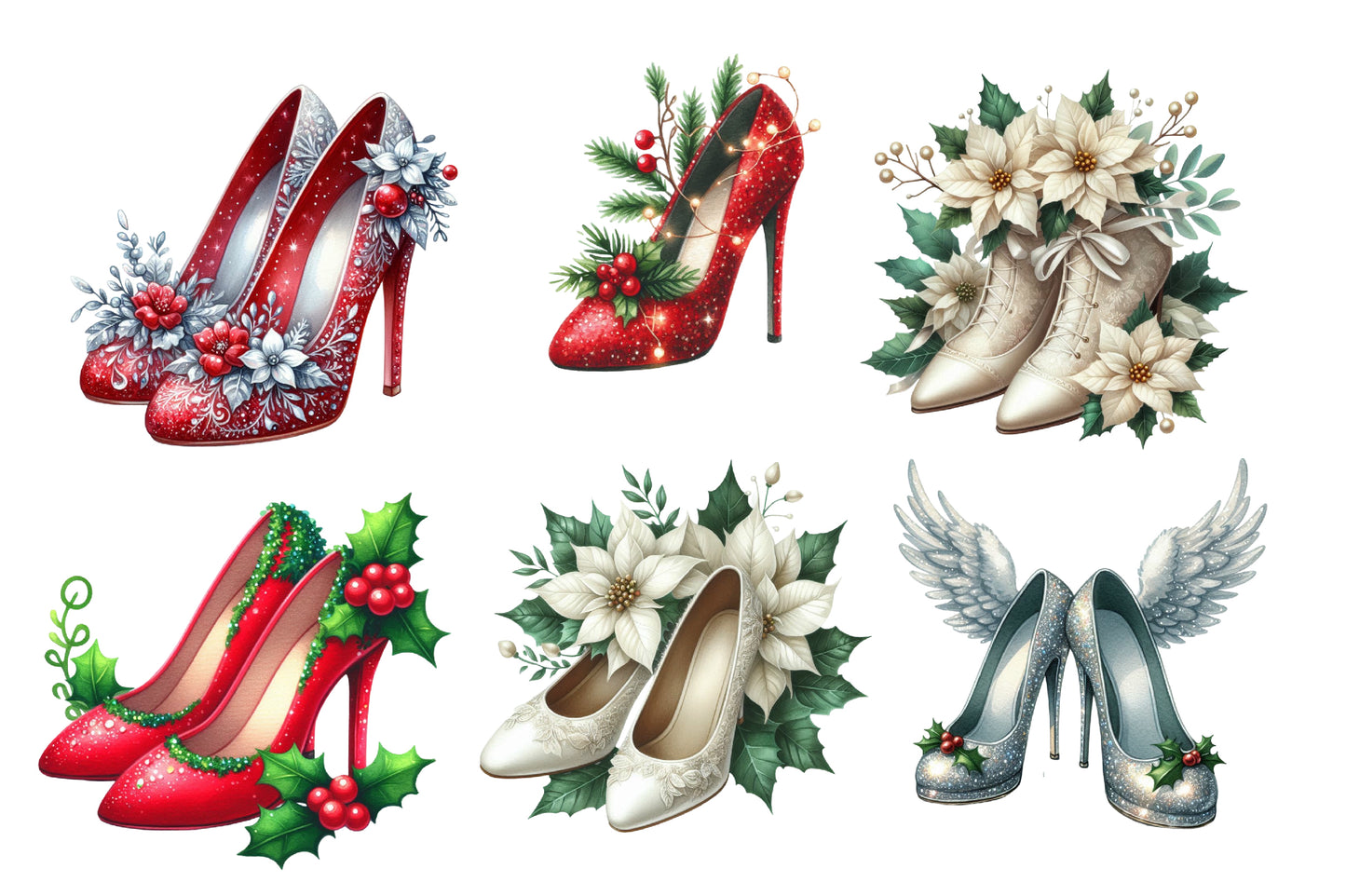 Christmas Shoes Clipart Bundle PNG | Watercolor Festive Christmas Shoes Clipart | Holiday Footwear Sublimation PNG