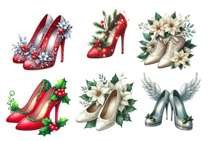 Christmas Shoes Clipart Bundle PNG | Watercolor Festive Christmas Shoes Clipart | Holiday Footwear Sublimation PNG