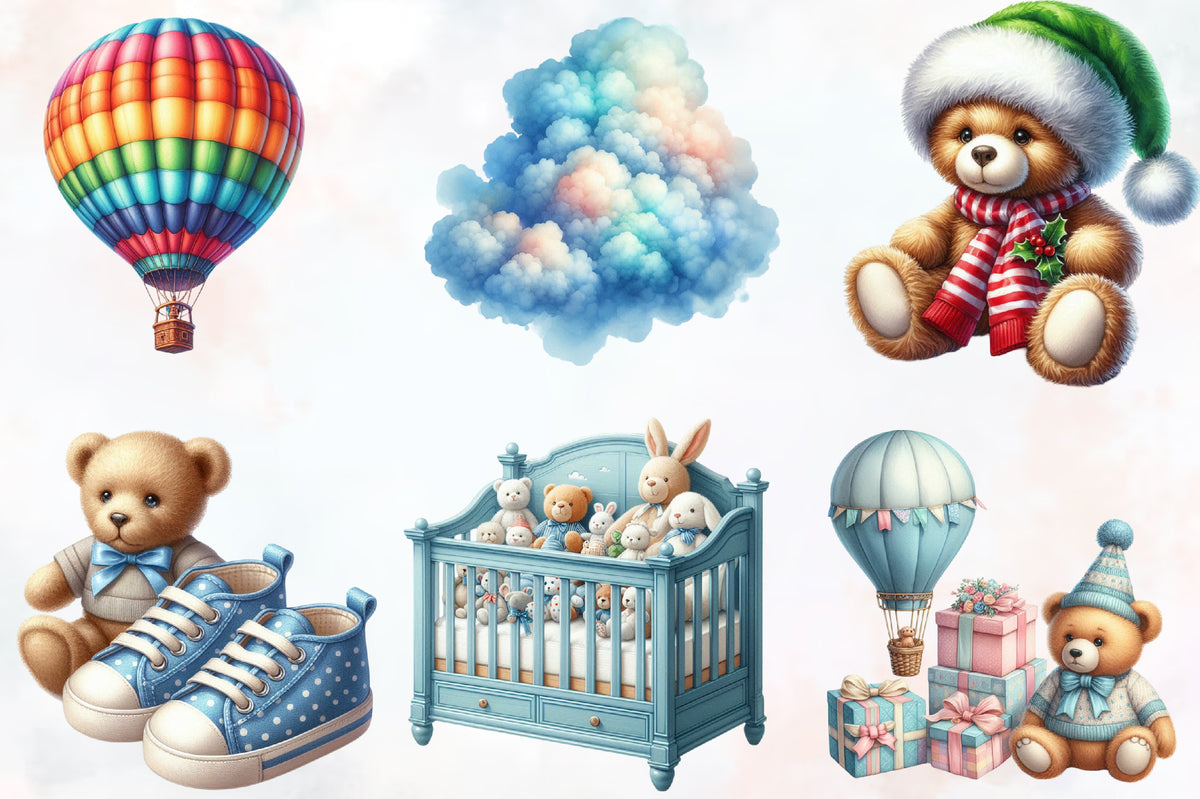 18 Christmas Nursery PNG Watercolor Clipart Bundle Cute Teddy Bear Baby