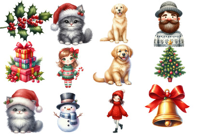 Christmas Day Clipart PNG Bundle | Cute Winter House, Christmas Tree, Boy, Girl, Santa, Dog, Cat, Snowman & Holiday Decorations