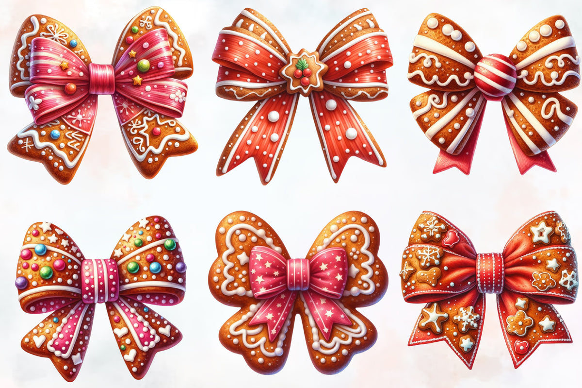 22 Christmas Coquette Bow PNG Clipart Bundle Watercolor Gingerbread Holiday