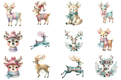 Christmas Reindeer Clipart PNG Bundle | Watercolor Cute Reindeer Christmas Clipart | Holiday Winter Animal Sublimation PNG