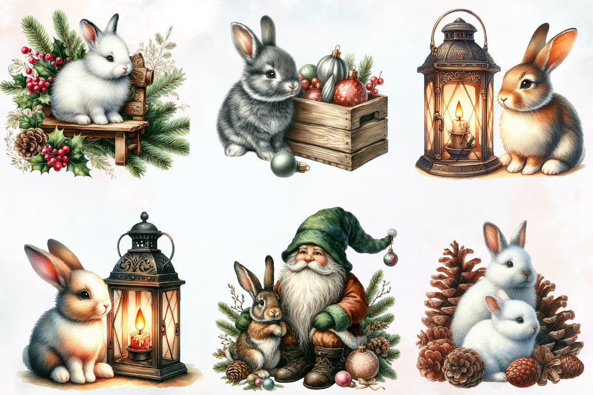 31 Christmas Bunny PNG Clipart Bundle Watercolor Rabbit Winter Garden Holiday