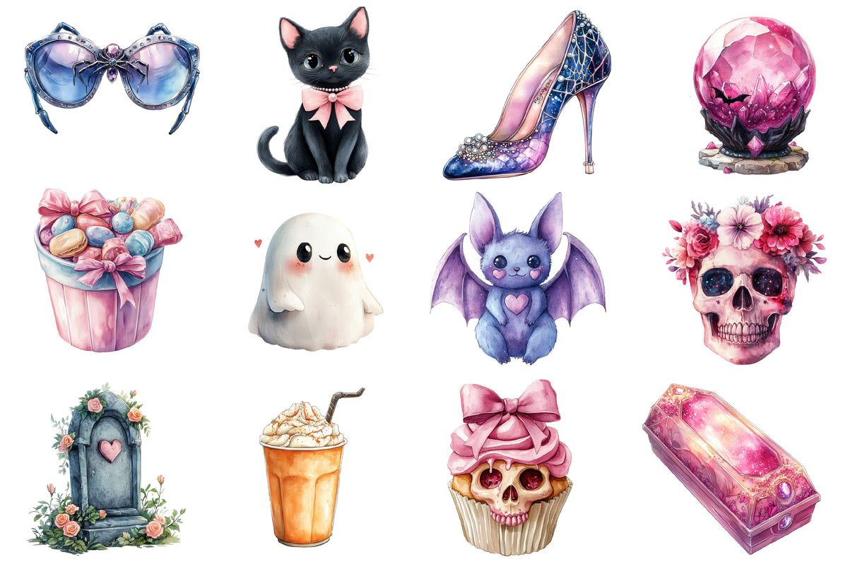 Halloween Girly Clipart PNG Bundle | Pink Black Cat, Ghost, Skull, Pumpkin, Bat & Witch PNG