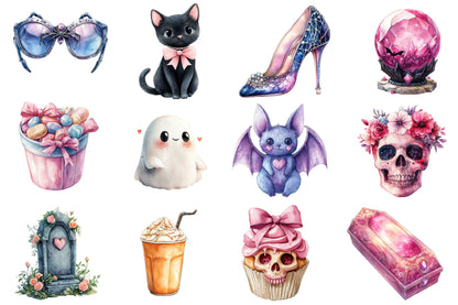 Halloween Girly Clipart PNG Bundle | Pink Black Cat, Ghost, Skull, Pumpkin, Bat & Witch PNG