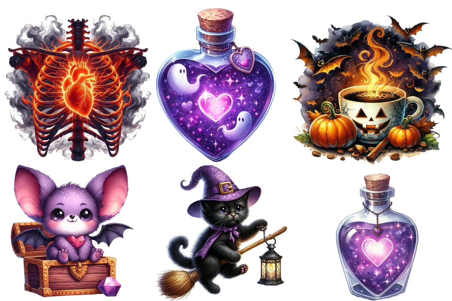13 Watercolor Halloween Sublimation PNG Bundle Cute Witch Cat Spooky Clipart
