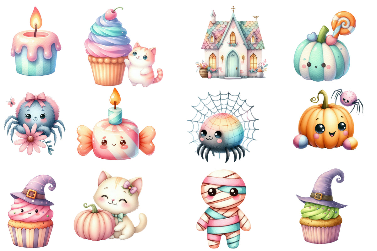 Pastel Halloween Clipart PNG Bundle | Cute Ghost, Cat, Pumpkin & Haunted House