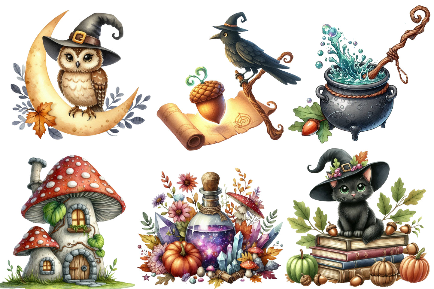 Witchy Autumn PNG Bundle | Cute Halloween Witch Clipart, Owl, Black Cat, Mushroom & Pumpkin PNG