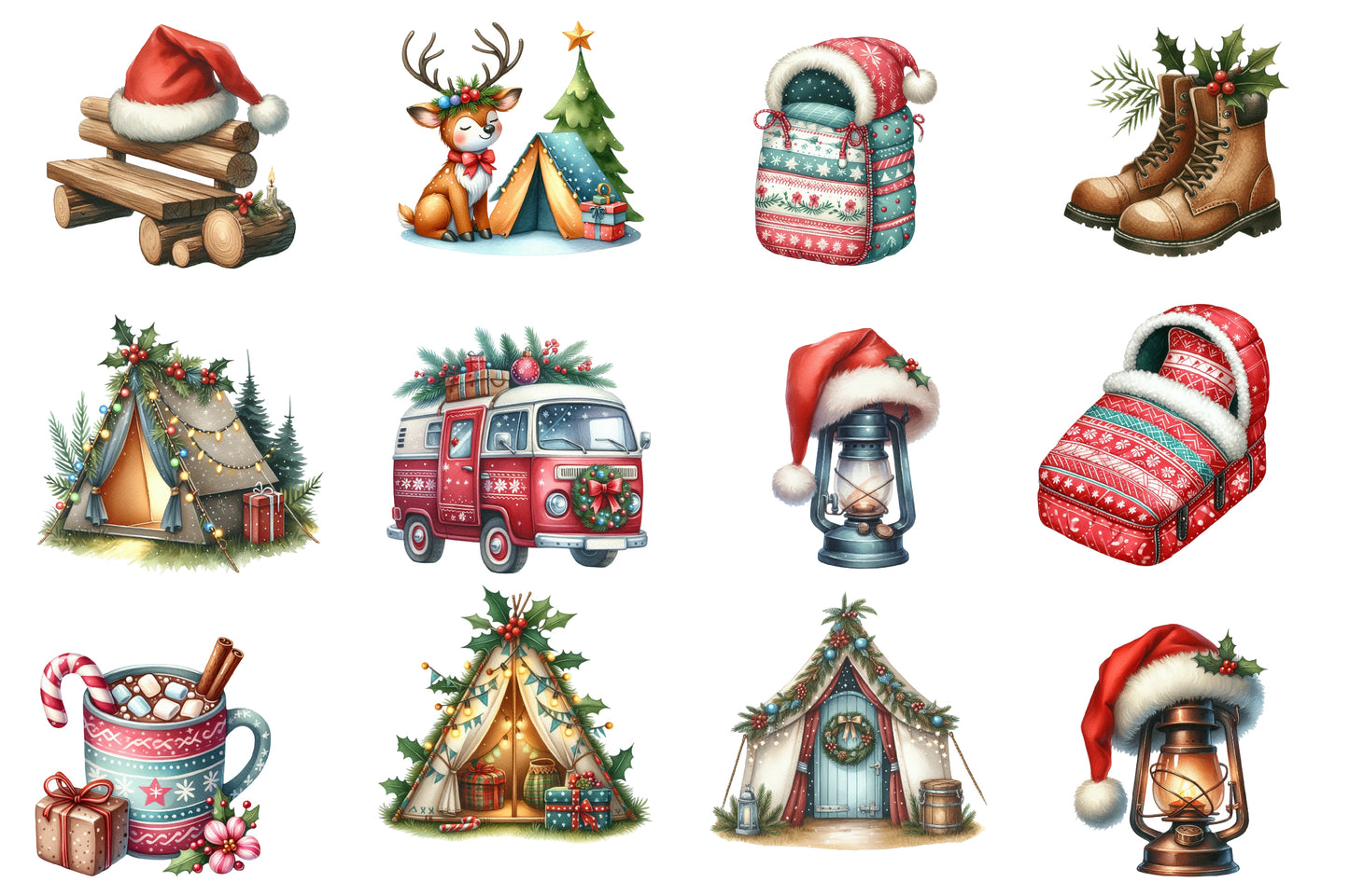 Christmas Camping Clipart PNG Bundle | Watercolor Cozy Holiday Camping Clipart | Festive Winter Camping PNG